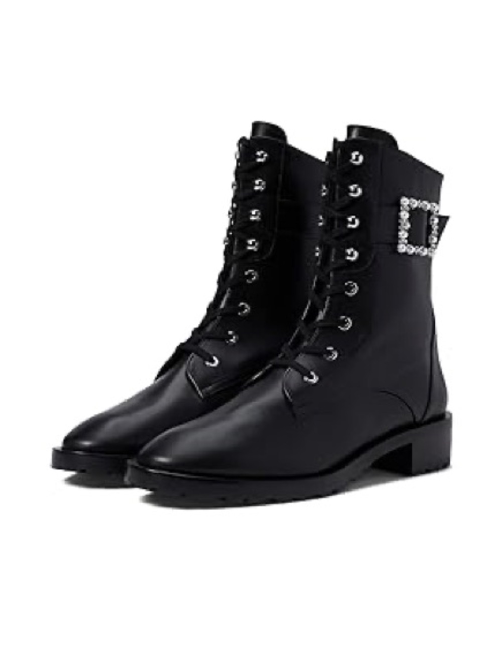 Stuart Weitzman Leather Embellished Buckle Combat Boots